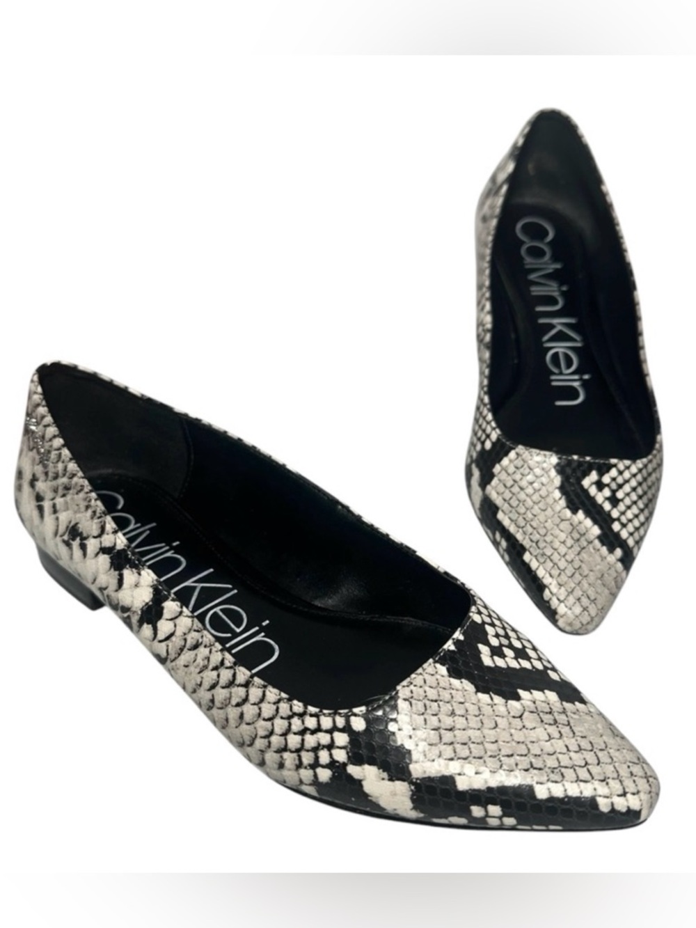 Calvin Klein Flats 7.5 Emerin Snakeskin Black White